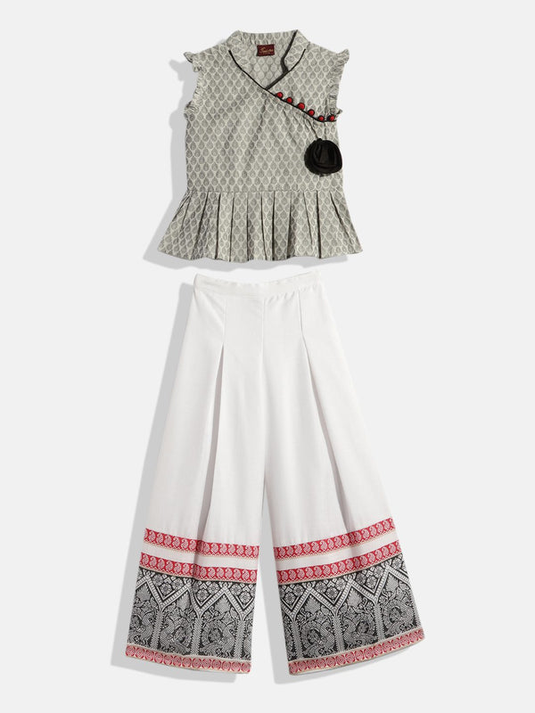 Twisha Girls Sleeveless Ethnic Print Top With Palazzo - Grey & White