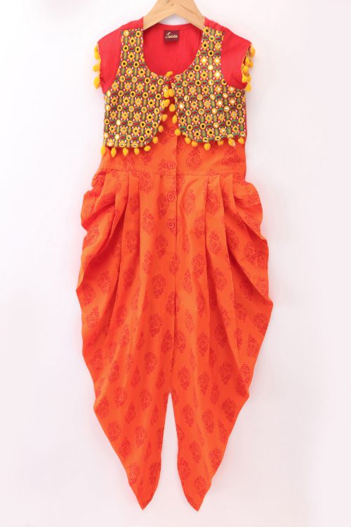 Twisha Girls Sleeveless All Over butta Motif Print Dhoti Style Jumpsuit With  Sleeves Embroidered Jacket- orange & Red