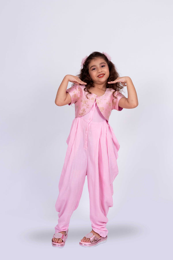 Twisha Girls Strappy Jumpsuit With Brocade Jacket-Baby Pink