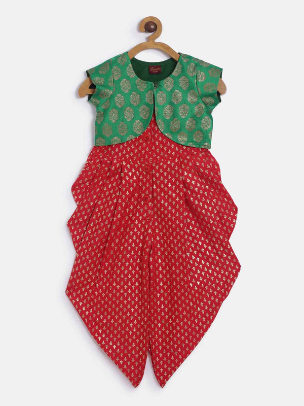 Jumpsuit With Brocade Shrug - Red & Green