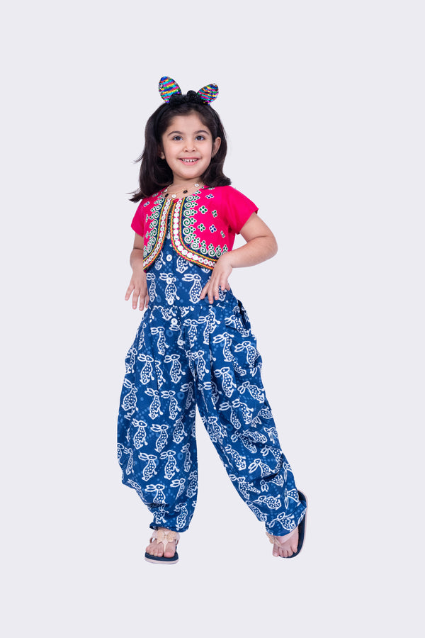 Twisha Girls Short Sleeves Cotton Rabbit Printed Jumpsuit and Ariwork Jacket - Indigo & Pink