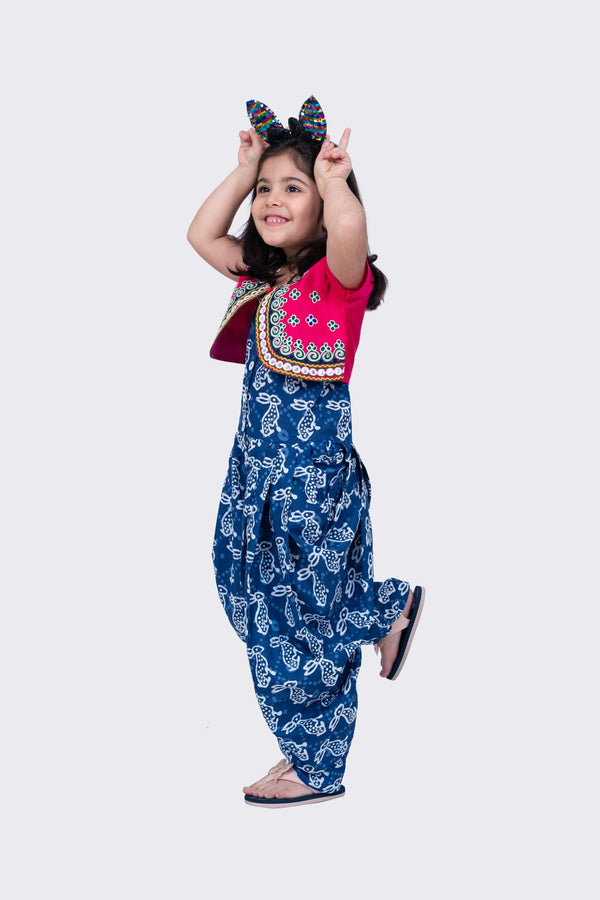 Twisha Girl's Short Sleeves Cotton Rabbit Printed Jumpsuit and Ariwork Jacket - Indigo & Pink