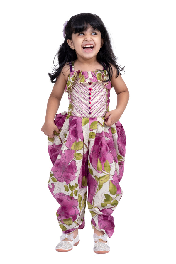 Twisha Girls Cotton Sleeveless All Over Prined Jumpsuit - Purple & White
