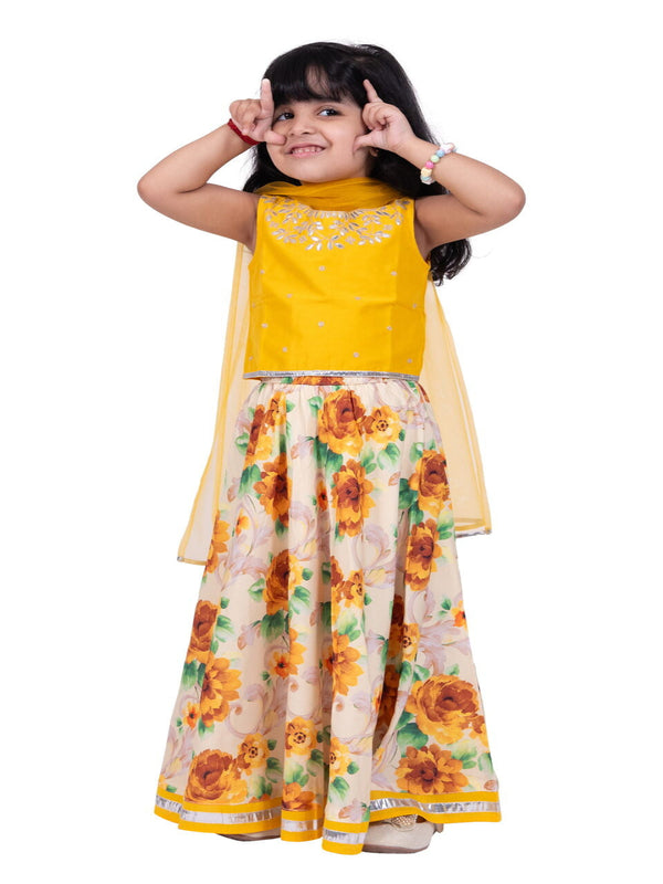 Twisha Girls Sleeveless Embellished Top With Printed Lehenga & Dupatta-Yellow & White