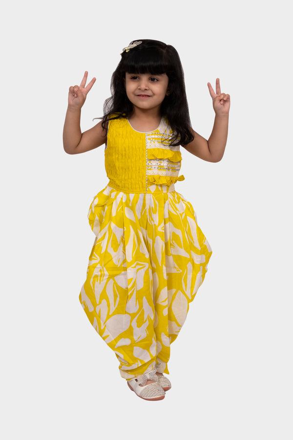 Twisha Girls Cotton Sleeveless Embellished Jumpsuit - Yellow & White