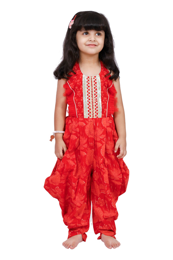 Twisha Girls Cotton Sleeveless Embellished Jumpsuit - Red