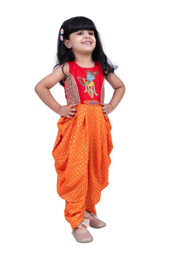Twisha Girls Cotton Sleeveless Krishna Printed Jumpsuit -Red & Orange