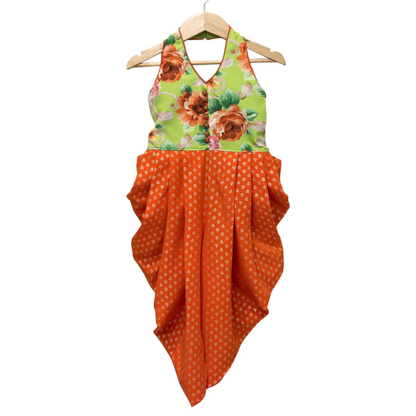 Twisha Woven Sleeveless Printed Jumpsuit-Limegreen & Orange
