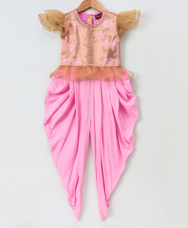 Twisha Woven Half Sleeves Embellished Jumpsuit-Golden & Babypink