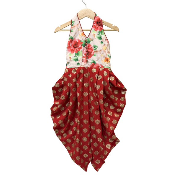 Twisha Woven Sleeveless Printed Jumpsuit-White & Red