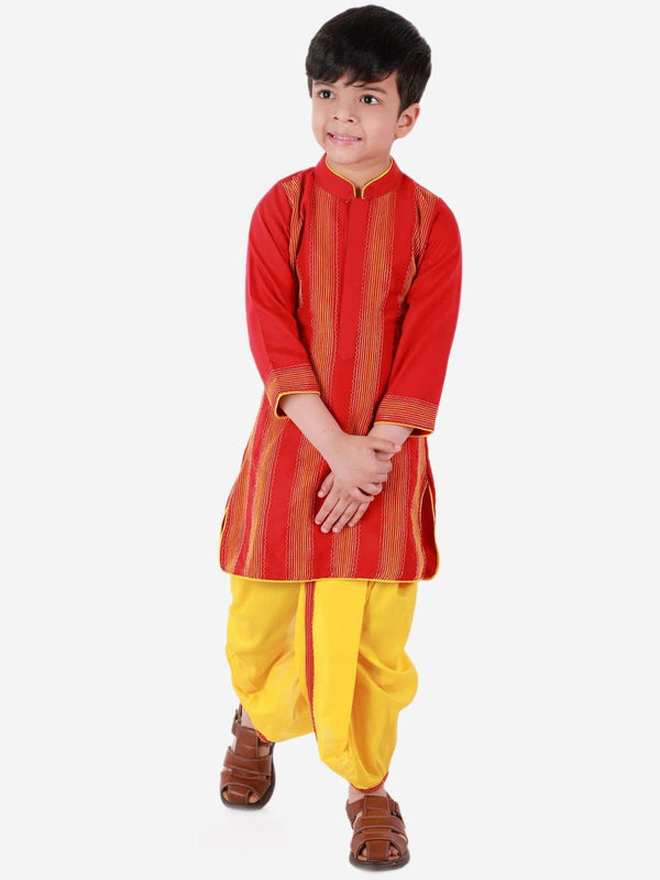 Boys Kurta Dhoti With Threadwork- Red And Yellow