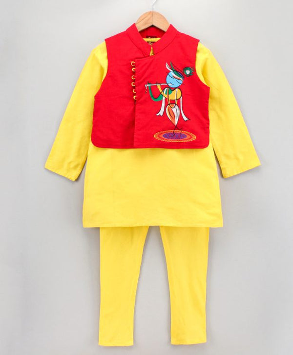 Boys Kurta Pyjama with Threadwork Assymetric Jacket - Yellow and Red