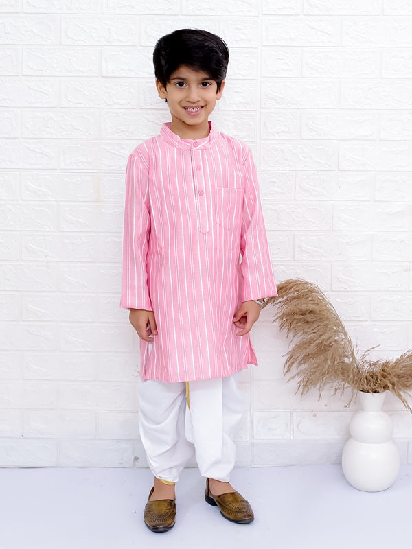 Twisha Boys Full Sleeve Kurta & Dhoti Pant Set- Baby Pink & Off White