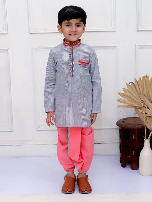 Twisha Boys Full Sleeves Stripes Kurta With Dhoti Pants Set - Grey & Coral