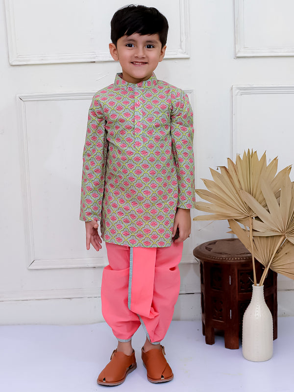 Twisha Boys Full Sleeves Printed Kurta With Dhoti Pants Set - Grey & Coral