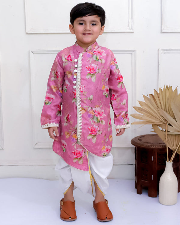 Twisha Boys Full Sleeves Printed Kurta With Dhoti Pants Set - Mauve & White