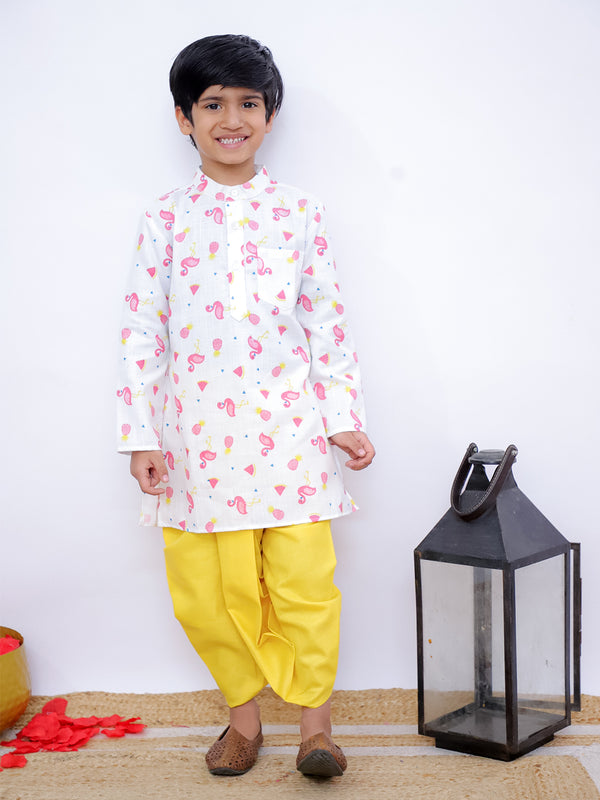 Twisha Boys Full Sleeves Famigo Print Kurta & Dhoti- White & Yellow