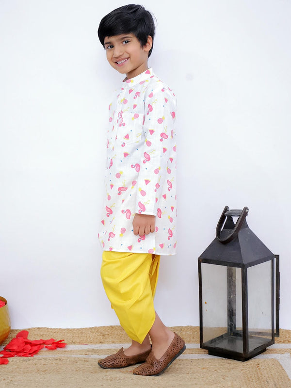 Twisha Boy's Full Sleeves Famigo Print Kurta & Dhoti- White & Yellow
