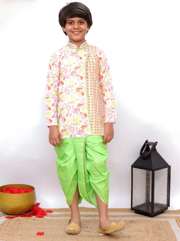 Twisha Boy's Full Sleeves Beach Print Overlap Kurta & Dhoti - White & Limegreen