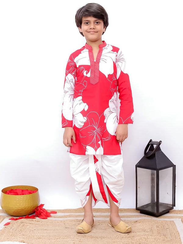 Twisha Boy's Full Sleeves Daisies Print Kurta & Dhoti- Red & White