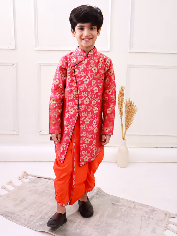 Twisha Boys Brocade Fullsleeves Embellished  kurta with Dhoti - Red & Orange