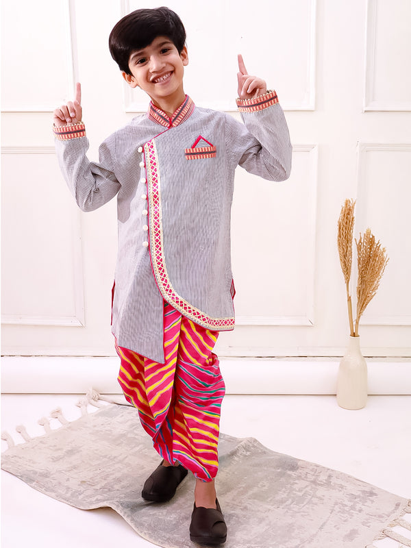 Twisha Boys Cotton Fullsleeves Stripe Design kurta with Dhoti - Grey & Pink