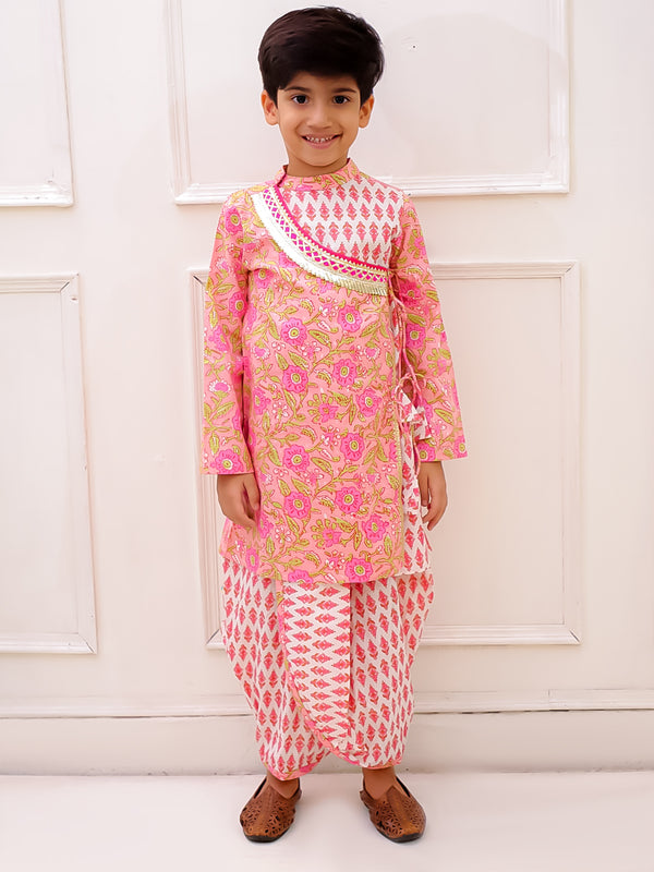 Twisha Boys Cotton Fullsleeves All Over Printed  kurta with Dhoti - Peach & White