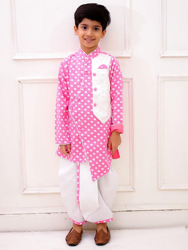 Twisha Boys Cotton Fullsleeves All Over Printed kurta with  Dhoti - BabyPink & White