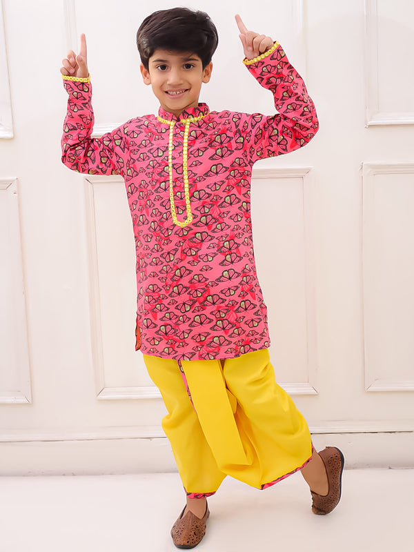 Twisha Boys Rayon Fullsleeves Butterfly Printed  kurta with Dhoti - Coral & Yellow