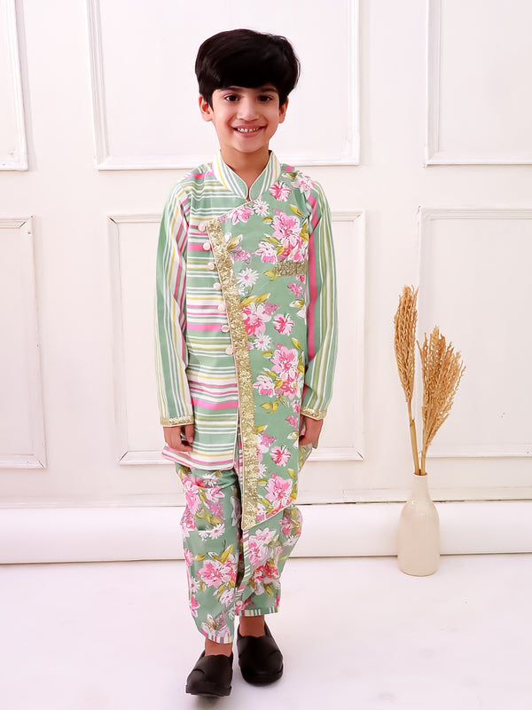 Twisha Boys Cotton Fullsleeves All Over Printed kurta with Dhoti - Olive Green & Pink