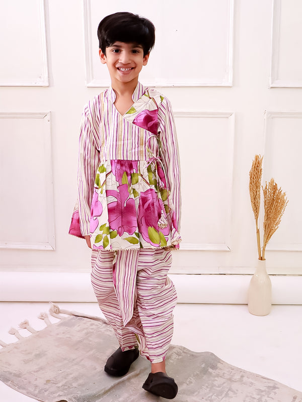 Twisha Boys Cotton Fullsleeves All Over Printed kurta with Dhoti - White & Purple