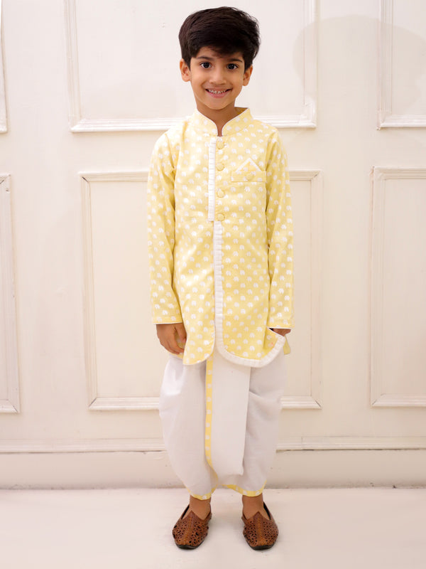 Twisha Boys Cotton Fullsleeves elephant Printed kurta with Dhoti - Yellow & White