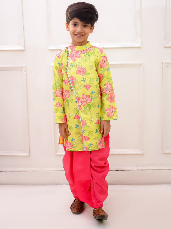 Twisha Boys Fullsleeves Floral Printed kurta with  Dhoti - Lemon & Pink