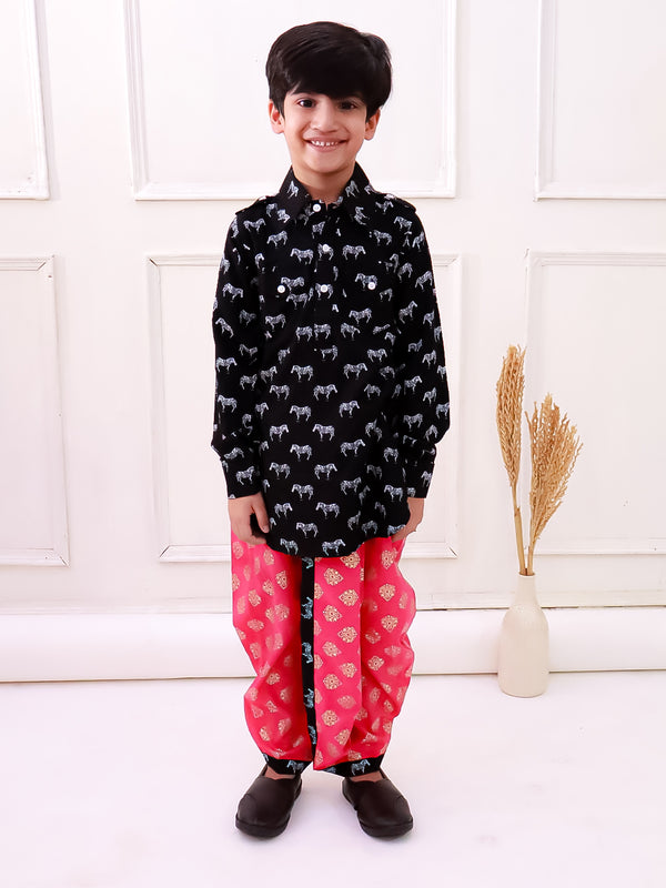 Twisha Boys Rayon Fullsleeves Zebra Printed kurta with Dhoti - Black & Coral