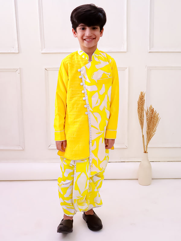 Twisha Boys  Cotton Fullsleeves Emblished kurta with Dhoti - Yellow & White