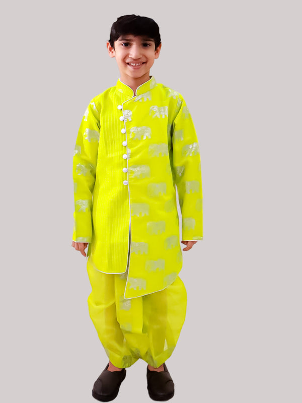 Twisha Boys Chanderi Fullsleeves Elephant Printed Kurta with Dhoti - Limegreen