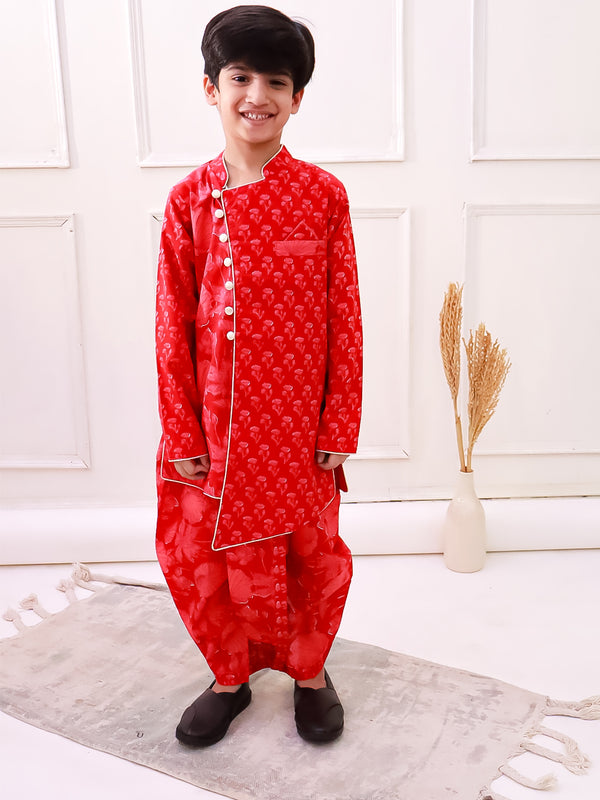 Twisha Boys Cotton Fullsleeves All Over Printed Kurta with Dhoti - Red