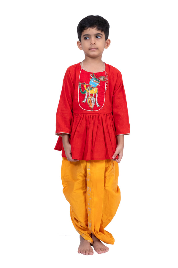 Twisha Boys Cotton 3/4Sleeves Krishna Printed Kurta With Dhoti - Red & Yellow