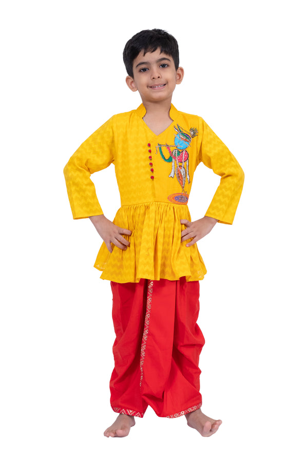Twisha Boys Cotton 3/4Sleeves Krishna Printed Kurta With Dhoti -  Yellow & Red