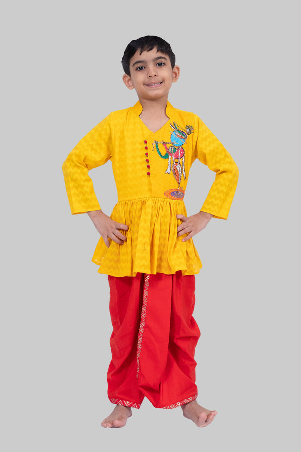 Twisha Boys Cotton 3/4Sleeves Krishna Printed Kurta With Dhoti -  Yellow & Red