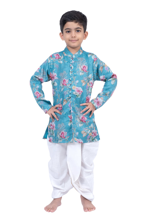 Twisha Boys Fullsleeves Floral Printed Kurta with Dhoti -SeaGreen & White