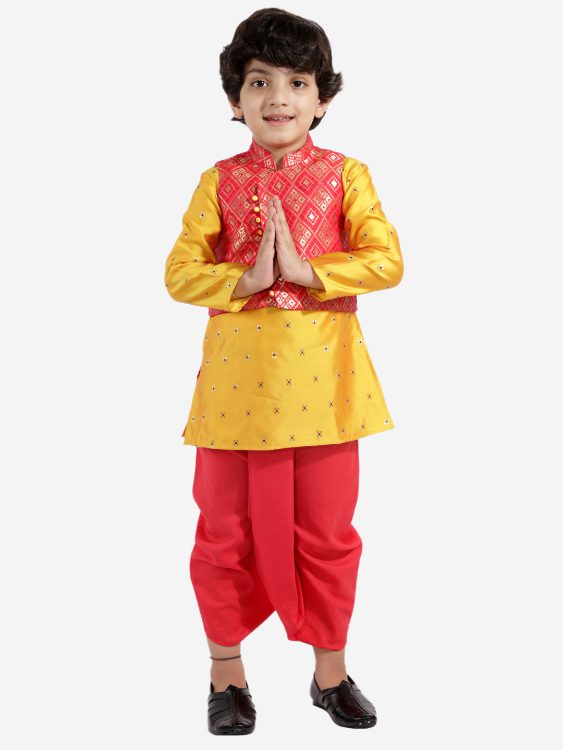 Twisha Boys Festive kurta with brocade Jacket and dhoti-red