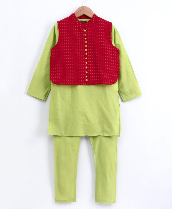 Boys Full Sleeves Solid Kurta With Jacket & Pajama - Green