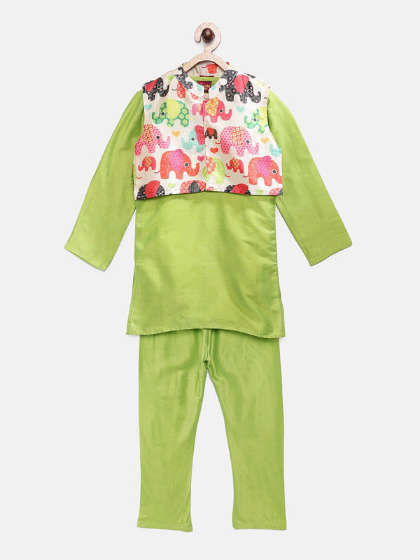 Boys Solid Kurta & Pyjama With Printed Jacket -  Green