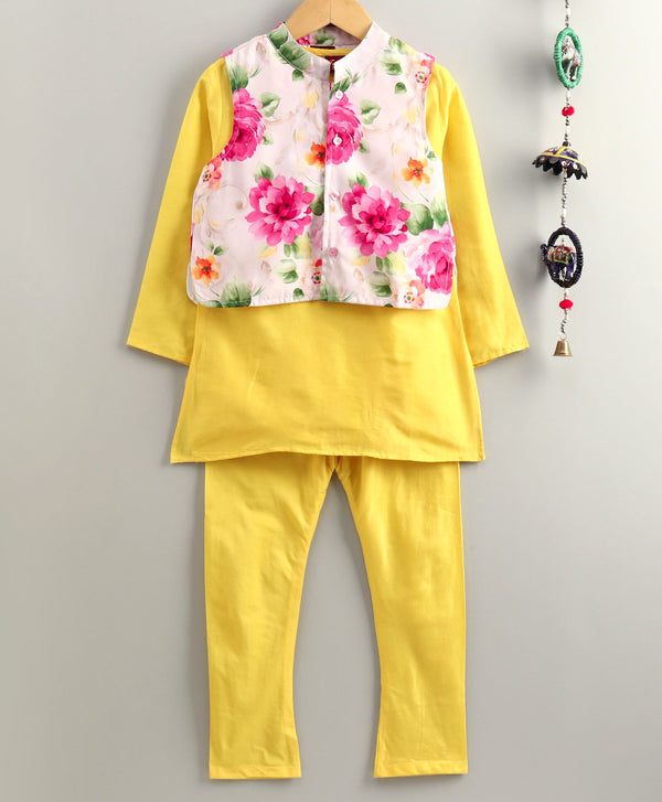 Twisha Boys Solid  Kurta & Pyjama With Printed Jacket- Yellow