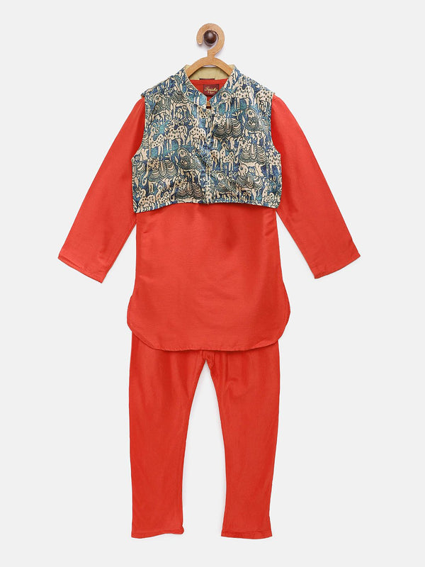 Twisha Boys Solid Kurta & Pyjama With Printed Jacket - Red