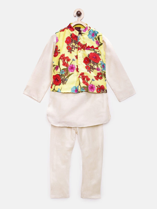 Twisha Boys Solid Kurta & Pyjama With Printed Jacket - Off White & Yellow