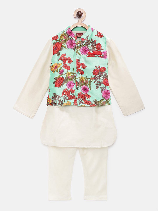 Twisha Boys Solid Kurta & Pyjama With Printed Jacket - Off White