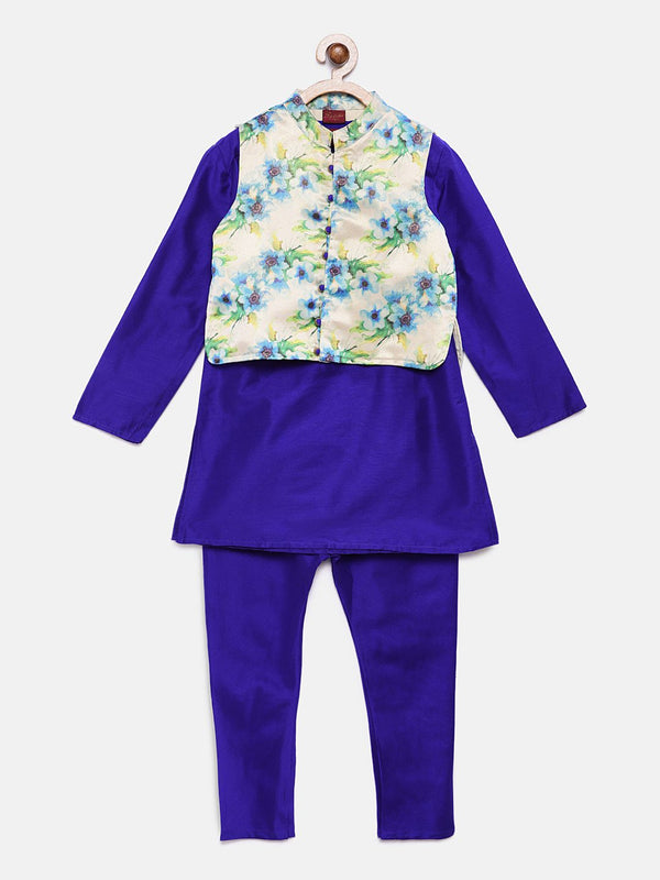 Twisha Boys Solid Kurta & Pyjama With Printed Jacket- Blue