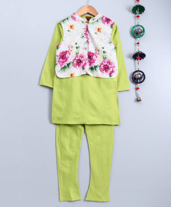 Twisha Boys Solid  Kurta & Pyjama With Printed Jacket- Green